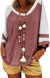 Women Blouse 3/4 Raglan Sleeves Striped Contrast Color Leopard Print Tunic Top for Women