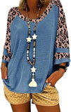 Women Blouse 3/4 Raglan Sleeves Striped Contrast Color Leopard Print Tunic Top for Women