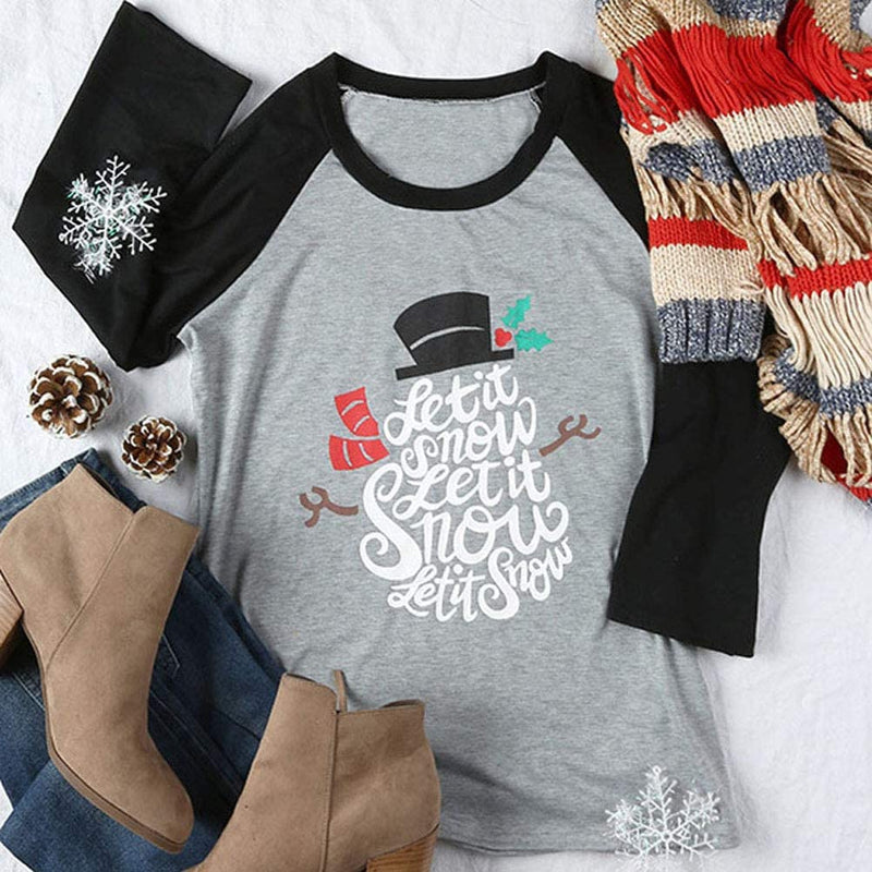 Damen 3/4 Ärmel Let it Snow Bluse Weihnachten Raglan Shirt
