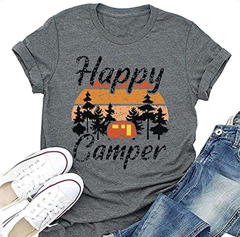 Women Happy Camper T-Shirt Vintage Happy Camper Graphic Shirt