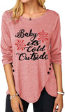 Women Fashion Top Christmas Snowflake Letter Irregular Button Long Sleeve Round Neck T-Shirt