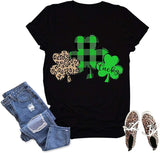 Women Green Buffalo Plaid & Leopard Lucky Clovers T-Shirt St Patricks Day Shirt