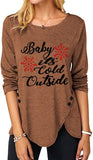 Women Fashion Top Christmas Snowflake Letter Irregular Button Long Sleeve Round Neck T-Shirt