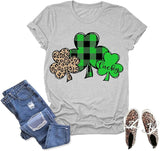Women Green Buffalo Plaid & Leopard Lucky Clovers T-Shirt St Patricks Day Shirt