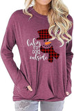 Chemisier de poche pour femmes, coutures à carreaux, imprimé bonhomme de neige de noël, col rond, chemise à manches longues