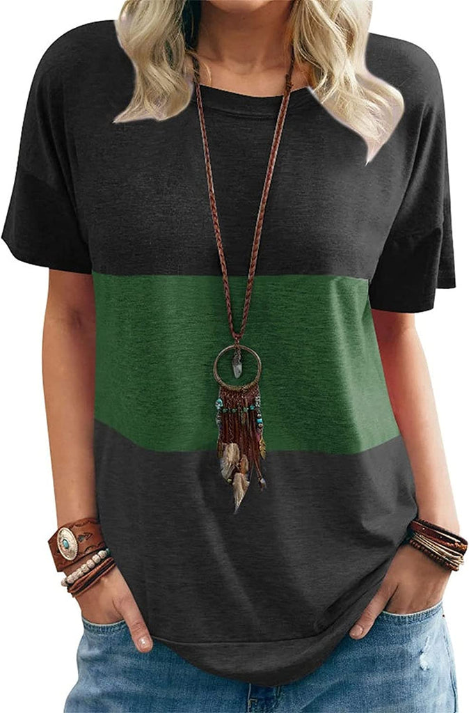 Women Round Neck Triple Color Block T-Shirt Tunic Shirt