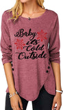 Women Fashion Top Christmas Snowflake Letter Irregular Button Long Sleeve Round Neck T-Shirt