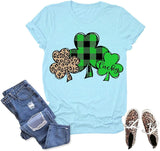 Women Green Buffalo Plaid & Leopard Lucky Clovers T-Shirt St Patricks Day Shirt