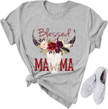 Women Blessed Mama Bull Skull T-Shirt Floral Mama Shirt