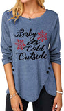 Women Fashion Top Christmas Snowflake Letter Irregular Button Long Sleeve Round Neck T-Shirt