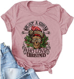 Women Just A Girl Who Loves Christmas T-Shirt Santa Mom Skull Tees Tops