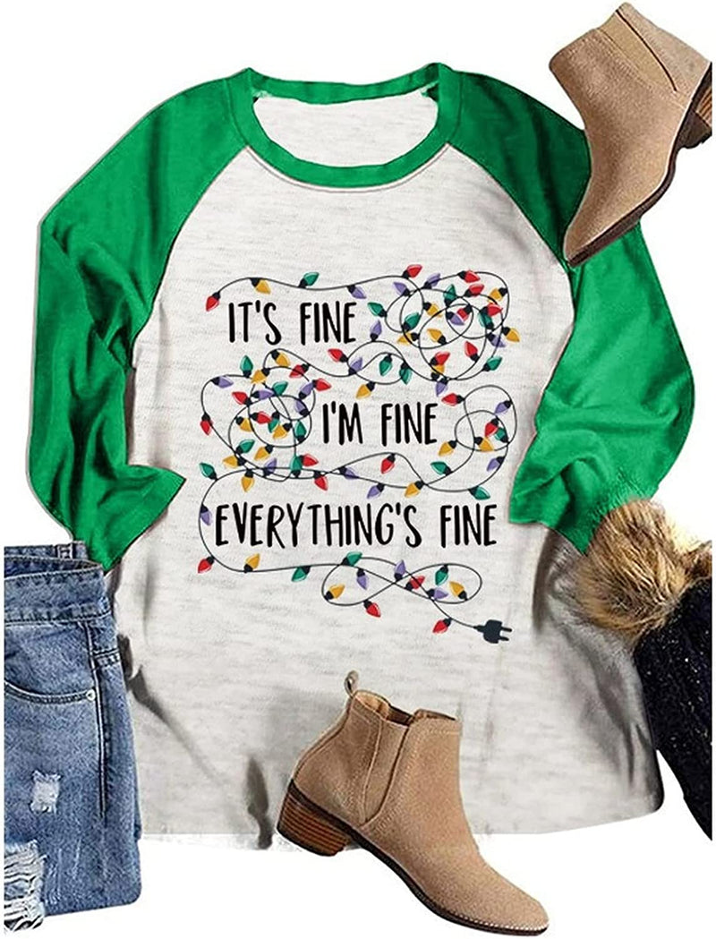 Bluse mit Aufschrift „Everything is Fine“ für Damen, „It's Fine I'm Fine“, lustiges Weihnachtsbeleuchtungs-Shirt