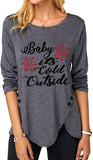 Women Fashion Top Christmas Snowflake Letter Irregular Button Long Sleeve Round Neck T-Shirt