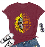 Sunshine Mixed with A Little Hurricane Women Graphic T-Shirt Sunflower Skull Shirt