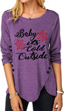 Women Fashion Top Christmas Snowflake Letter Irregular Button Long Sleeve Round Neck T-Shirt