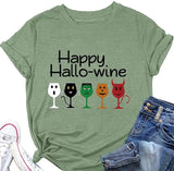 Women Happy Hallo Wine Drinking T-Shirt Halloween Wine Tee Tops