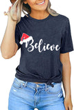 Women Believe Christmas Shirt Long Sleeve Christmas Blouse T-Shirt