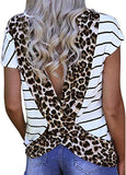 T-Shirt rayé à la mode pour femmes, T-Shirt léopard à dos ouvert