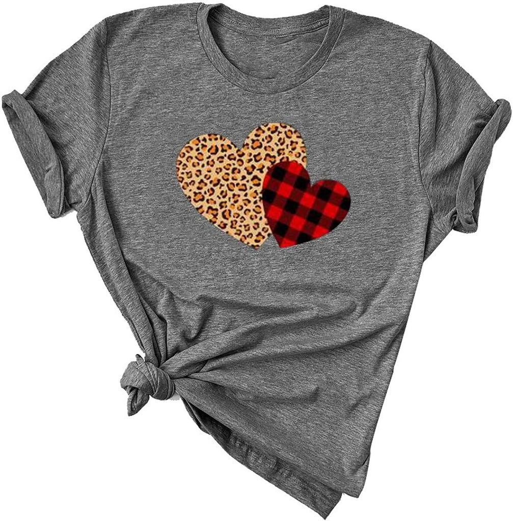 Women Buffalo Plaid & Leopard Heart T-Shirt for Valentine's Day