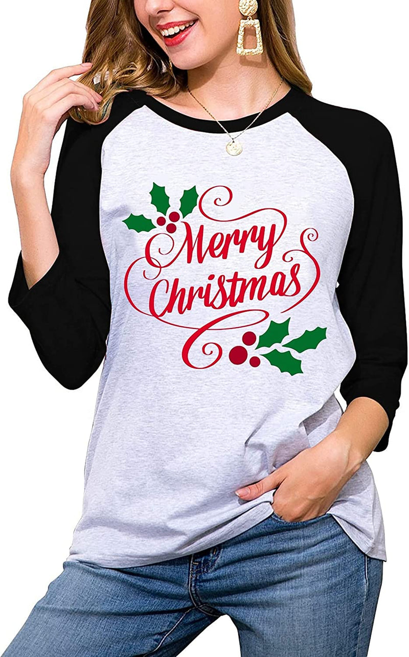 Damen-Shirt „Frohe Weihnachten“ mit 3/4-Ärmeln und Grafik
