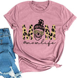 Women Mom Life T-Shirt Leopard Skull Mom Shirt Messy Bun Skull Graphic Shirt