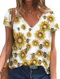 T-Shirt tournesol à col en v pour femmes, tunique florale à la mode