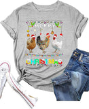 Funny Chicken Christmas Shirt Women Merry Christmas Chicken Shirt Santa Hat Lights Xmas T-Shirt