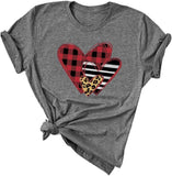 Women Buffalo Plaid & Leopard Heart T-Shirt for Valentine's Day