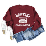 HAWKINS MIDDLE Letter Damen Pullover mit Rundhalsausschnitt, langen Ärmeln, Übergröße