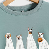Halloween Ghost Puppy Print Rundhals Herbst Winter Rückenfrei Lose Langarm Damen Sweatshirt