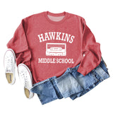 HAWKINS MIDDLE Letter Damen Pullover mit Rundhalsausschnitt, langen Ärmeln, Übergröße