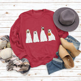 Halloween Ghost Puppy Print Rundhals Herbst Winter Rückenfrei Lose Langarm Damen Sweatshirt