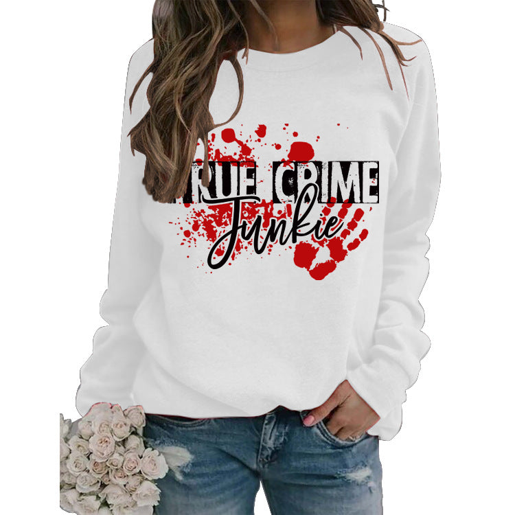 Pullover Letter Print Sweatshirt True Crime Junkie Loose Round Neck for Women
