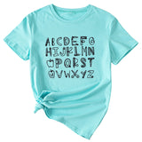 ABCDEFGHIJKIMMN Letter Print Women's New Crewneck Short Sleeve Shirt for Summer