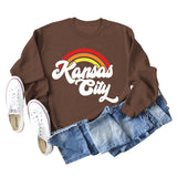 Sweat-shirt à manches longues imprimé lettre arc-en-ciel Kansas City pour femme