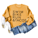 SWIM BIKE RUN TACOS BUCHSTABEN LOCKERES DAMEN SWEATSHIRT