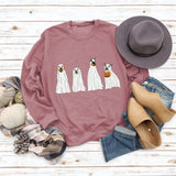 Halloween Ghost Puppy Print Rundhals Herbst Winter Rückenfrei Lose Langarm Damen Sweatshirt