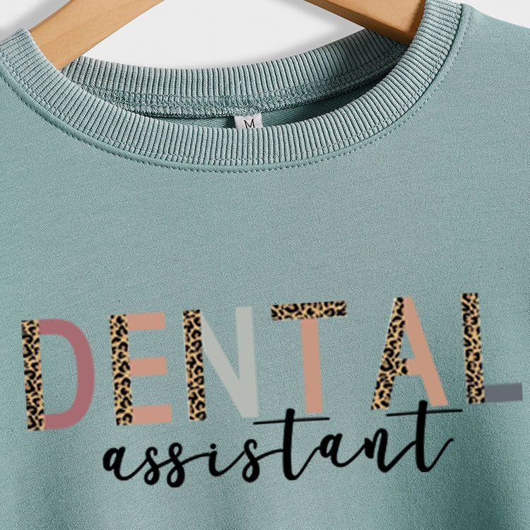 DENTAL ASSISTANT Leopard Letter Loose Casual Fall/Winter Plus Size Long Sleeve Sweater Girl