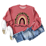 Mama Love Sweat-shirt ample à manches longues et col rond avec imprimé léopard arc-en-ciel