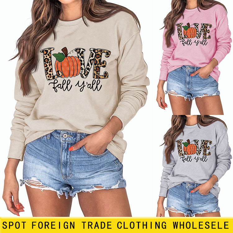 Love Fall Y'all Letters Pumpkin Leopard Print Halloween Long-sleeved Large Size Sweater