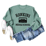 HAWKINS MIDDLE Letter Damen Pullover mit Rundhalsausschnitt, langen Ärmeln, Übergröße