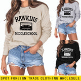 HAWKINS MIDDLE Letter Damen Pullover mit Rundhalsausschnitt, langen Ärmeln, Übergröße