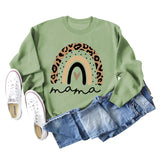 Mama Love Sweat-shirt ample à manches longues et col rond avec imprimé léopard arc-en-ciel
