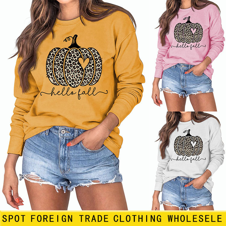 Hello Fall Sweat-shirt à manches longues et lettres de citrouille imprimé léopard pour Thanksgiving, grande taille