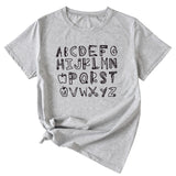 ABCDEFGHIJKIMMN Letter Print Women's New Crewneck Short Sleeve Shirt for Summer