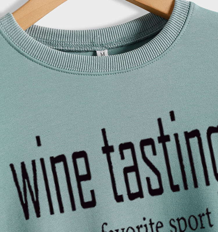 Round Neck Tops Long Sleeve WINE Tasting Print Loose Sweatshirt