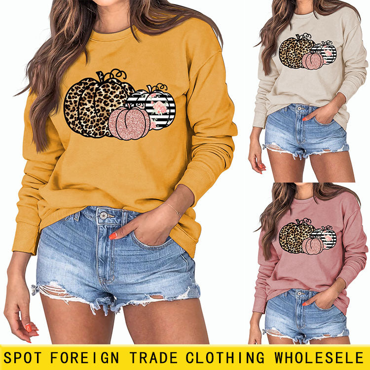Women's Pumpkin Leopard Halloween Round Neck Long Sleeve Sweater