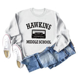 HAWKINS MIDDLE Letter Damen Pullover mit Rundhalsausschnitt, langen Ärmeln, Übergröße