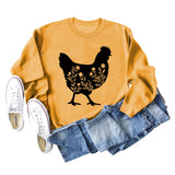 Rooster Print Long Sleeve Round Neck Sweater Women