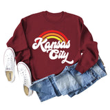 Sweat-shirt à manches longues imprimé lettre arc-en-ciel Kansas City pour femme